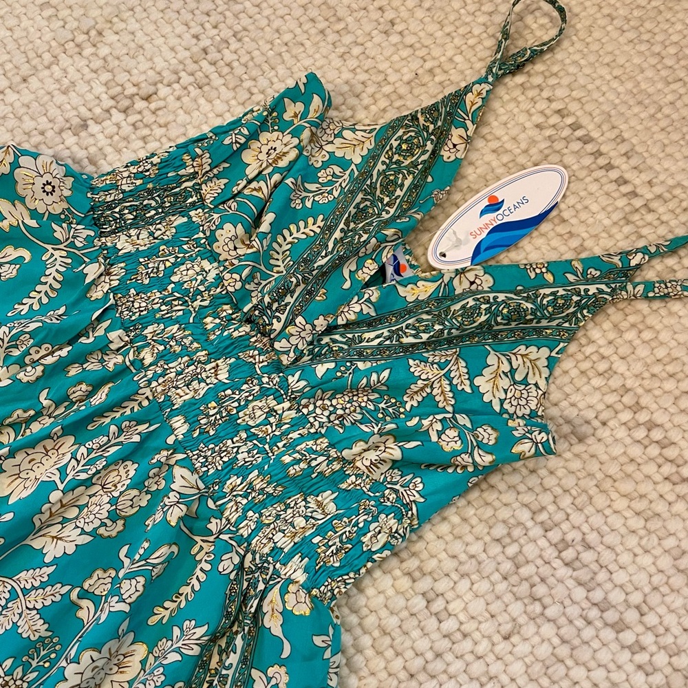 Teal Floral Sleeveless Dress